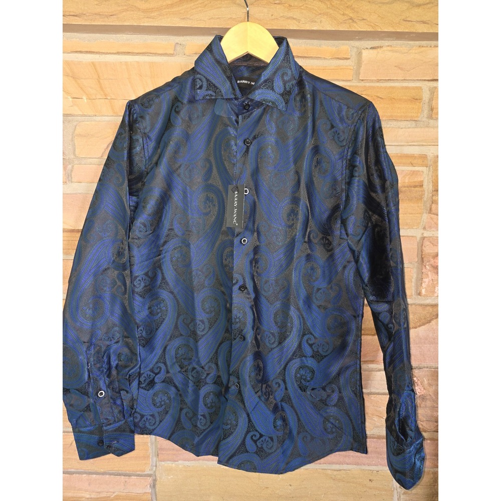 Barry Wang Mens Blue Black Paisley Jacquard Long Sleeve Dress Shirt Size M NWT